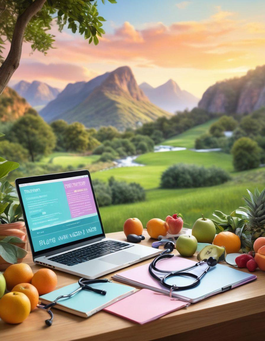 A serene scene depicting a healthcare professional transitioning from patient care to writing a blog, surrounded by elements of health and wellness such as a stethoscope, a laptop, and fresh fruits. The background features a calming nature landscape symbolizing wellness and balance. The professional has an inspiring and thoughtful expression, reflecting the journey of sharing knowledge. soft pastel colors. 3D. vibrant.