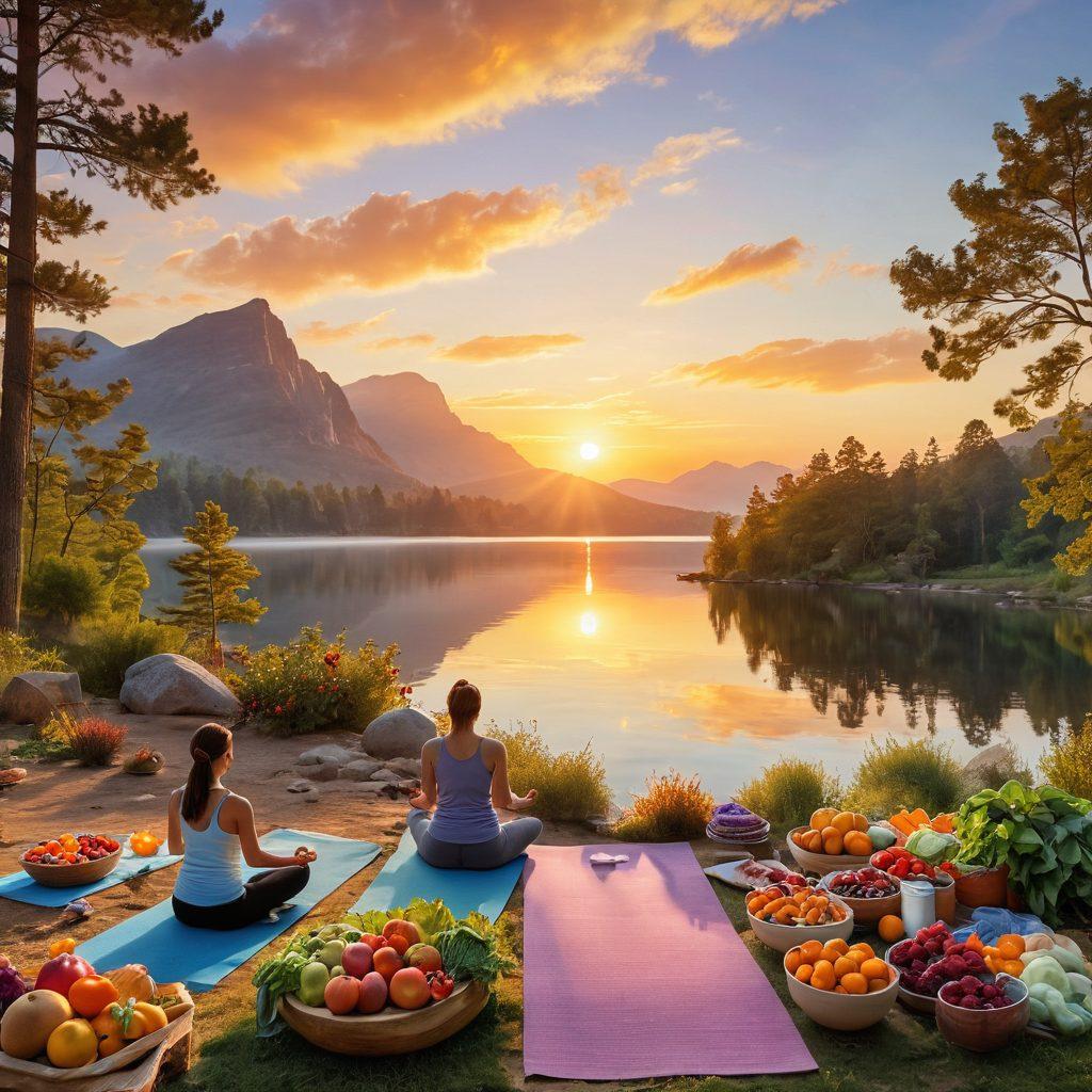 A serene landscape featuring a sunrise over a tranquil lake, symbolizing renewal and wellness. Include diverse individuals practicing yoga on the shore, an array of healthy foods like fruits and vegetables artistically arranged in the foreground. Soft, warm colors to evoke a sense of calm and positivity. super-realistic. vibrant colors.