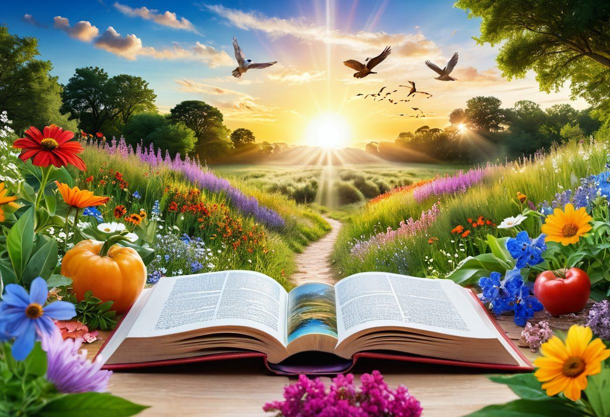 A serene landscape featuring a vibrant, sunlit pathway surrounded by lush greenery and colorful wildflowers, symbolizing a journey towards health. In the foreground, an open book with medical symbols and vibrant illustrations of healthy foods and exercise equipment. A glowing sun in the sky representing positivity and vitality. super-realistic. vibrant colors. white background.